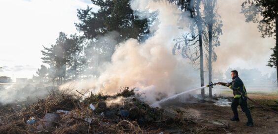 A wildland firefighter wearing a protective uniform, standing next to brush billowing with smoke while holding a hose.