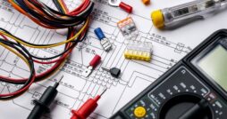An assortment of electrical tools and equipment in various colors sitting on a printed circuit diagram.