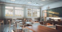 An interior of a classroom with windows on one side of the room and desks throughout facing a blackboard.