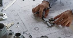 A person holds a caliper tool and a pen on top of numerous sheets of blueprints. Miscellaneous bearings are on the table.