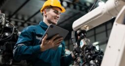 A man in a yellow hard hat and a blue one-piece work suit examines the robotic arm of a machine while holding a tablet.