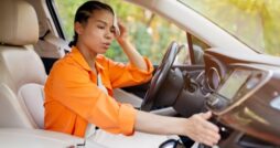 A person wearing an orange shirt dabbing their head with a napkin while sitting in the driver’s seat of car.